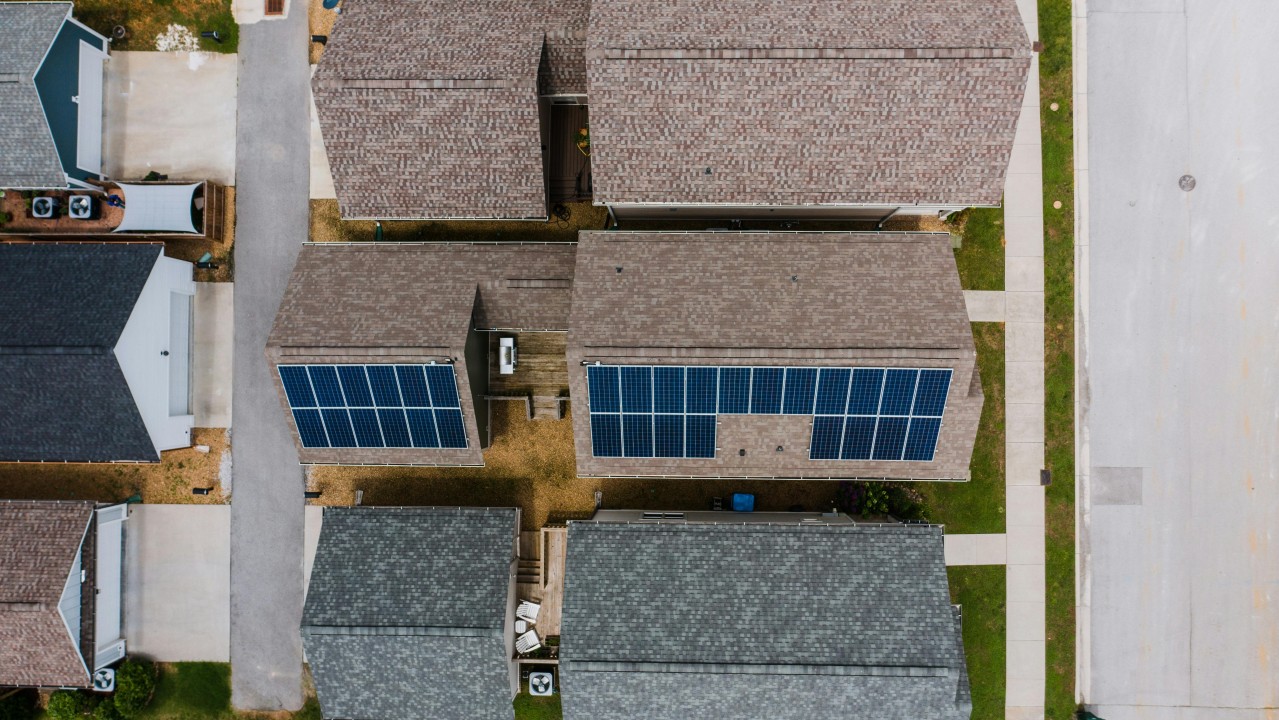 houses with solar panels from above